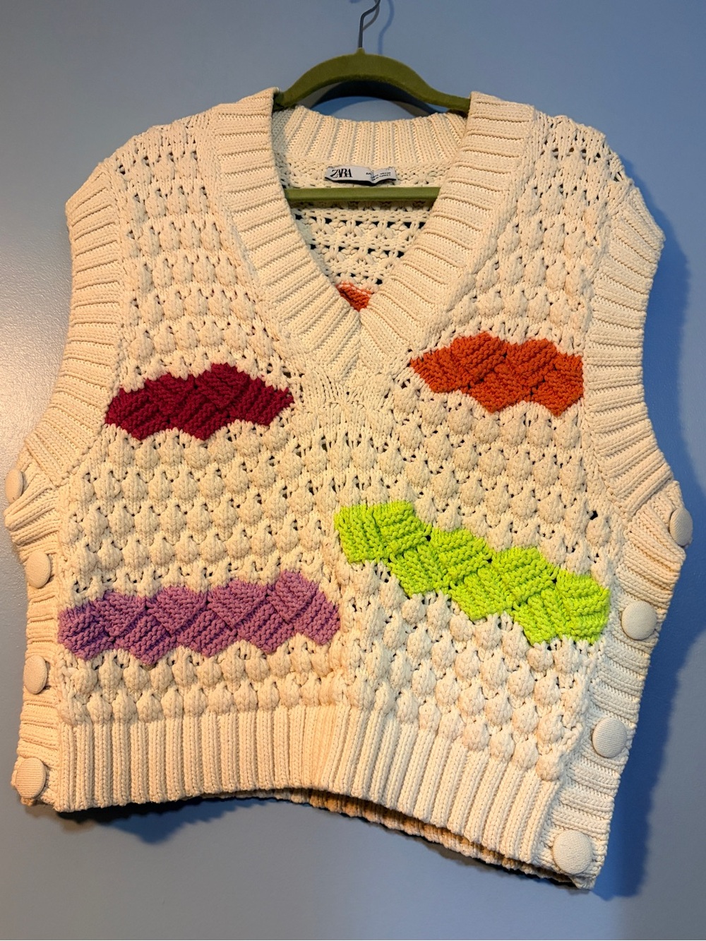 Zara Cream V-Neck Knit Sweater Vest with Colorful Diamond Embroidery